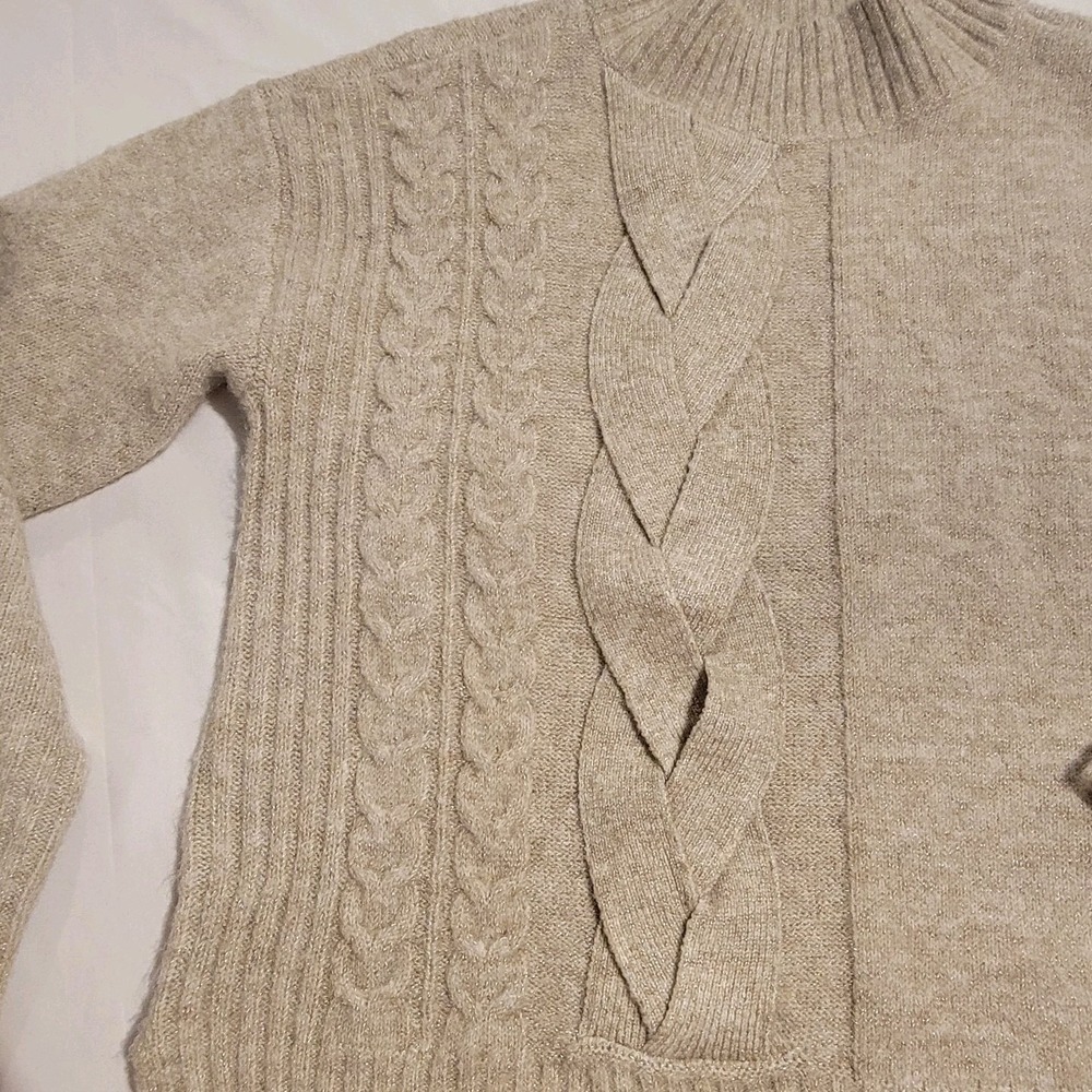 Simply Vera Vera Wang Sweater Womens XS Beige Cable Knit Side Slit Pullover - Picture 2 of 4
